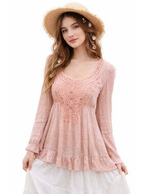Anthropologie Blue Bird Pink Boho Peasant Babydoll Crochet Lace Blouse Womens M